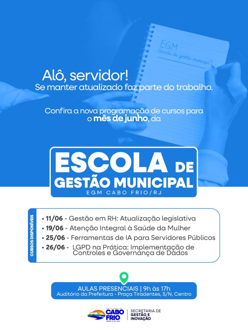 Escola de Gestão Municipal de Cabo Frio divulga programação de cursos para servidores em junho