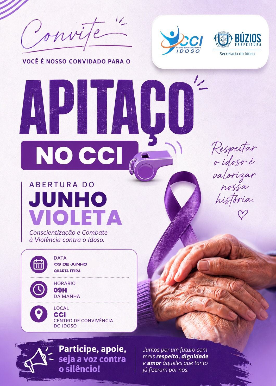 Secretaria da Pessoa Idosa promove Apitaço Contra a Violência à Pessoa Idosa em alusão ao Junho Violeta