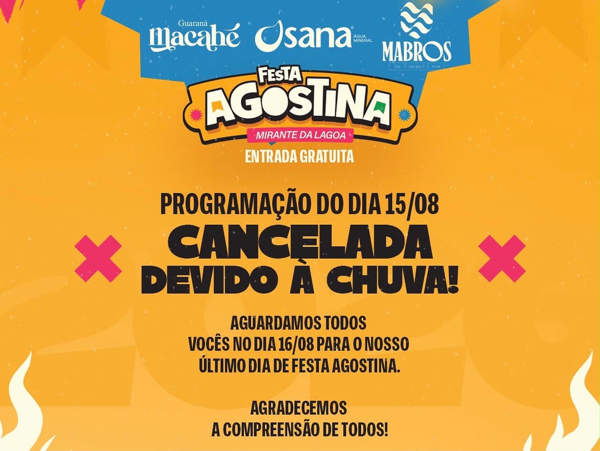 Programação deste sábado da Festa Agostina do Mirante foi cancelada