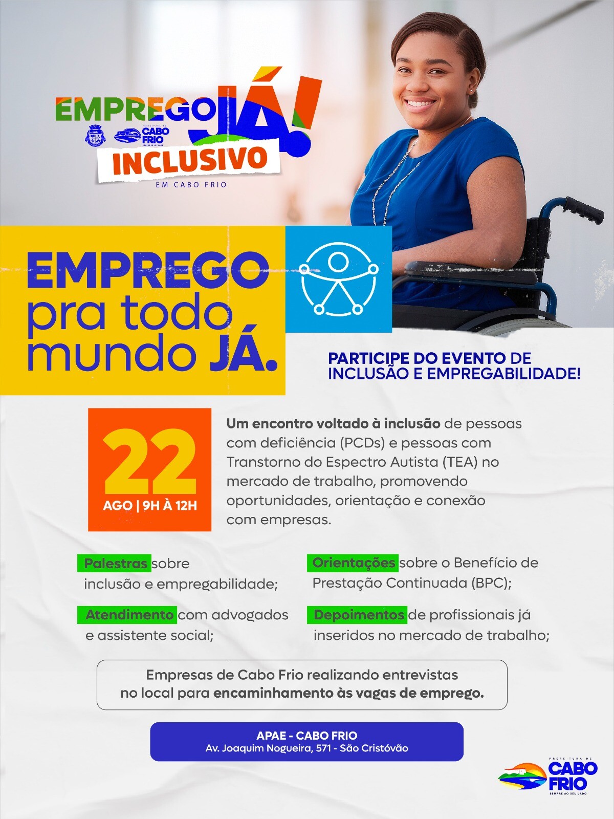 Prefeitura de Cabo Frio promove evento “Emprego Já Inclusivo” com vagas em diversos setores voltadas para pessoas com deficiência