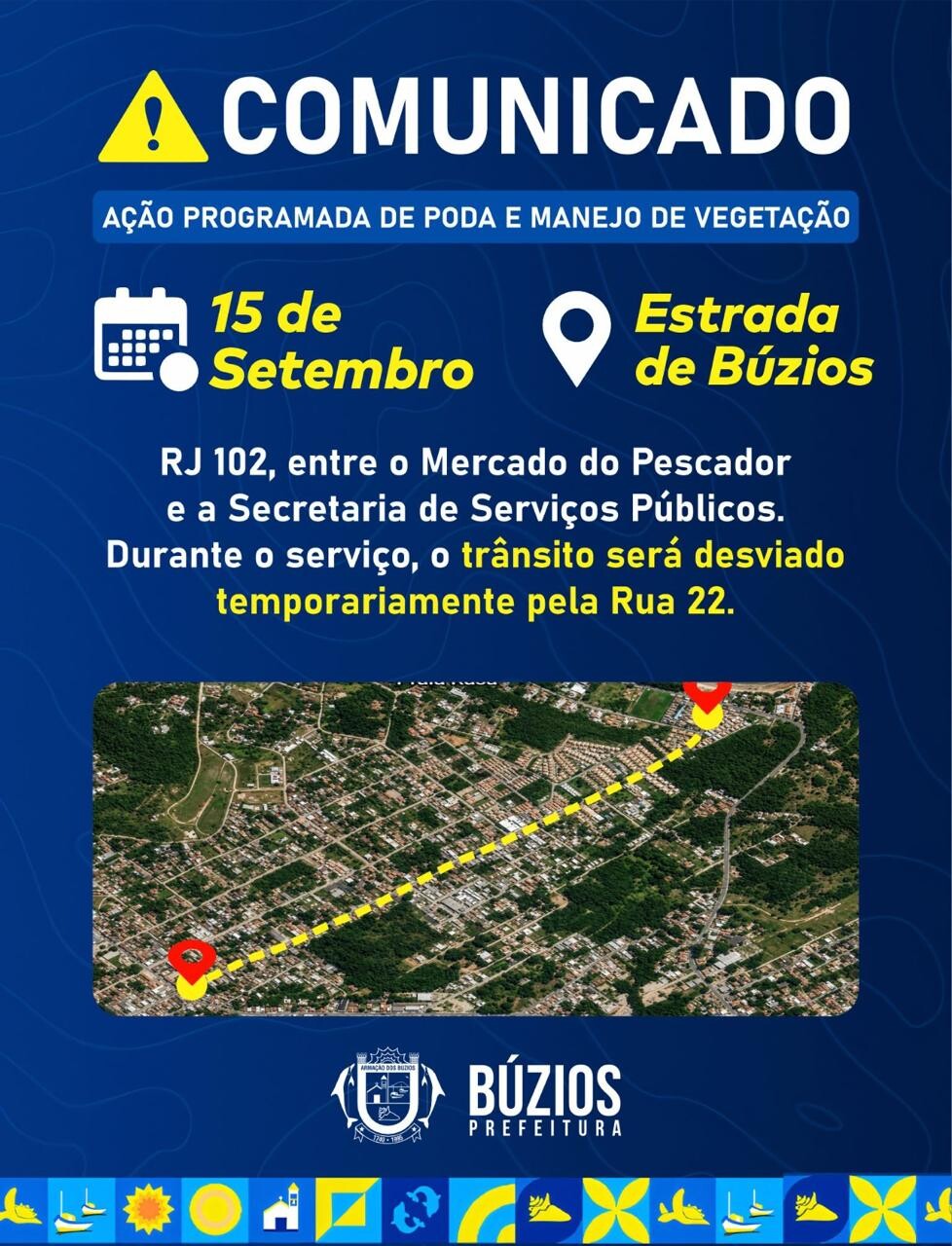 Trânsito será desviado na RJ-102, entre o Mercado do Pescador e a Secretaria de Serviços Públicos, nesta terça-feira, para poda e manejo de vegetação
